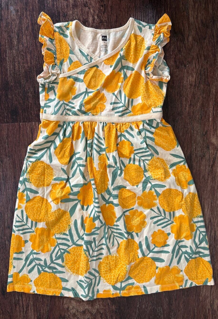 Tea Collection Girls Yellow Floral Print Summer Dress Size 10 100 Cotton